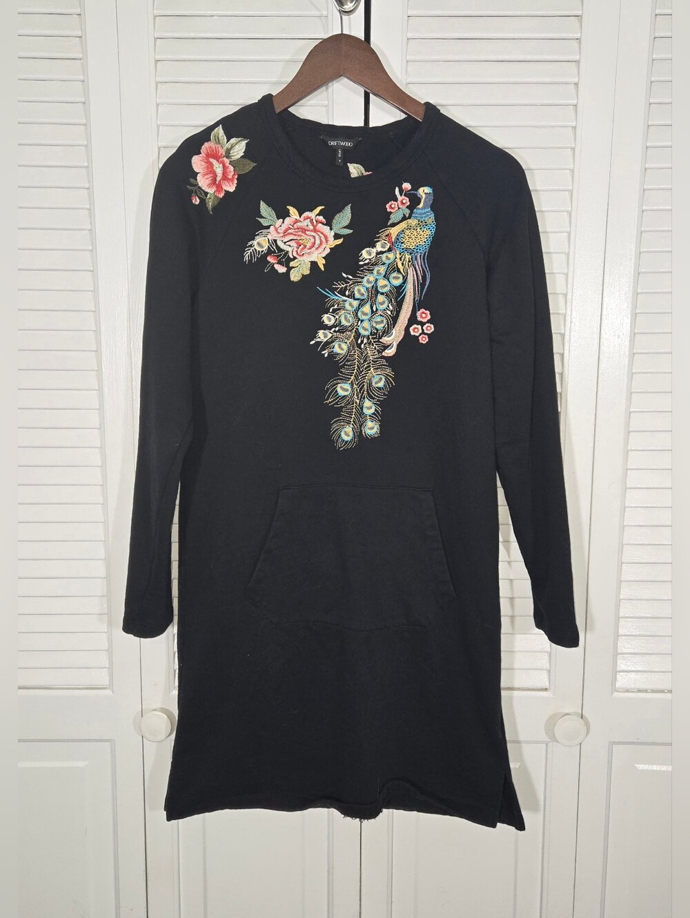 Driftwood Layla Black Peacock Floral Long Sleeve Tunic Sweatshirt Dress Sz S